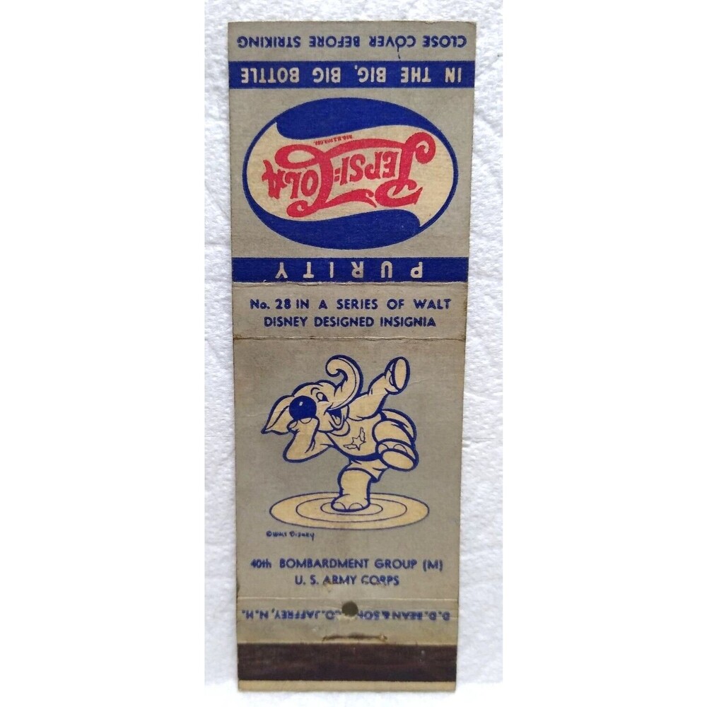 Pepsi Cola Matchbook Cover Walt Disney No 28 Elephant Cannon Ball 1940s WWII